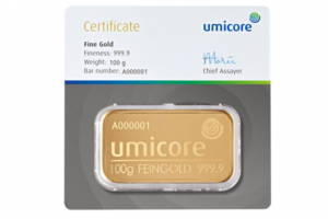 Lingot d’or Umicore certifié de 100 grammes