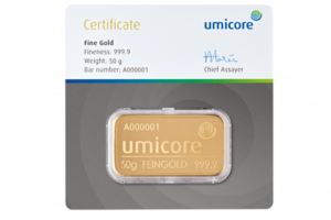 Lingot d’or Umicore certifié de 50 grammes